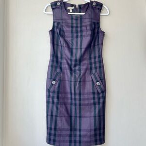 Burberry London | Eggplant Purple Plaid Wool Sheath Dress Button Accent